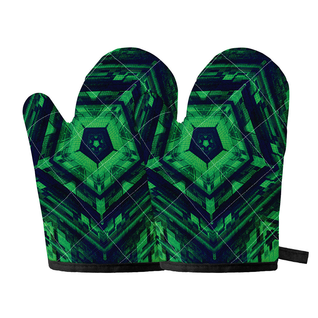 Dark Green Kaleidoscope Print Oven Mitts