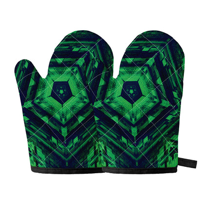 Dark Green Kaleidoscope Print Oven Mitts