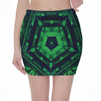 Dark Green Kaleidoscope Print Pencil Mini Skirt