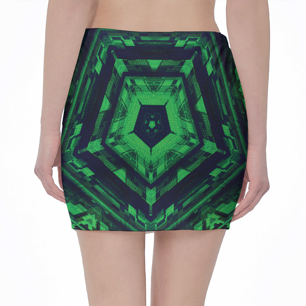 Dark Green Kaleidoscope Print Pencil Mini Skirt