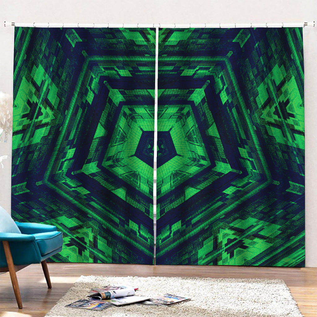 Dark Green Kaleidoscope Print Pencil Pleat Curtains