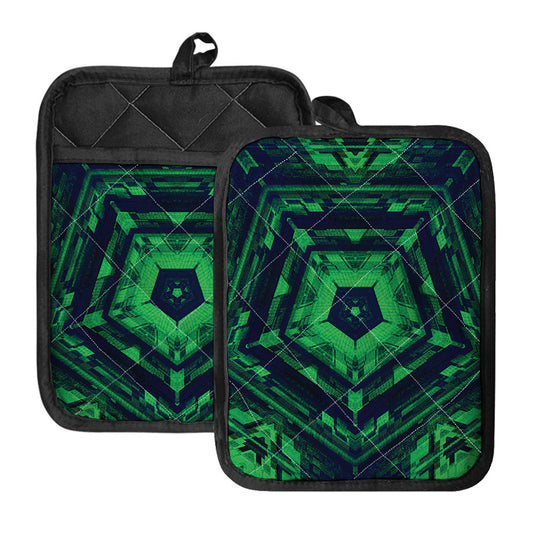 Dark Green Kaleidoscope Print Pot Holders With Pocket