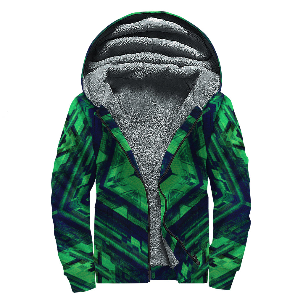 Dark Green Kaleidoscope Print Sherpa Lined Zip Up Hoodie