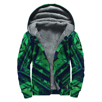Dark Green Kaleidoscope Print Sherpa Lined Zip Up Hoodie