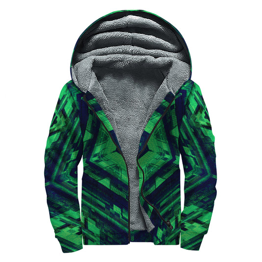 Dark Green Kaleidoscope Print Sherpa Lined Zip Up Hoodie