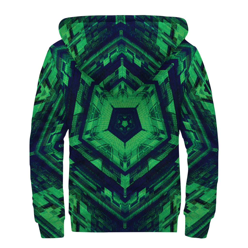 Dark Green Kaleidoscope Print Sherpa Lined Zip Up Hoodie