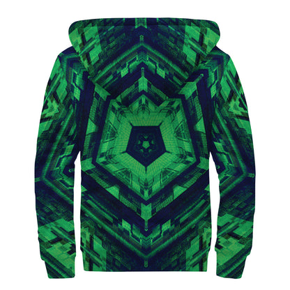 Dark Green Kaleidoscope Print Sherpa Lined Zip Up Hoodie
