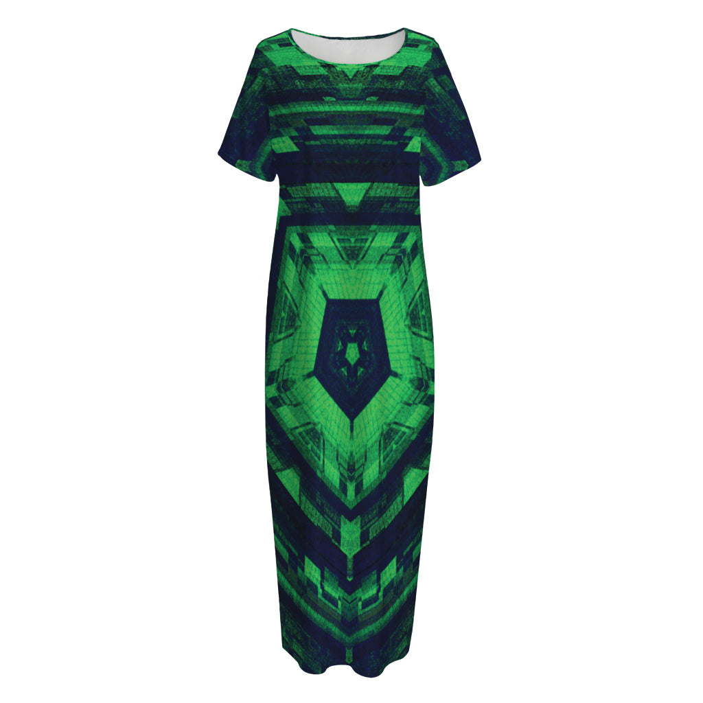 Dark Green Kaleidoscope Print Short Sleeve Long Nightdress