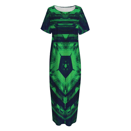 Dark Green Kaleidoscope Print Short Sleeve Long Nightdress