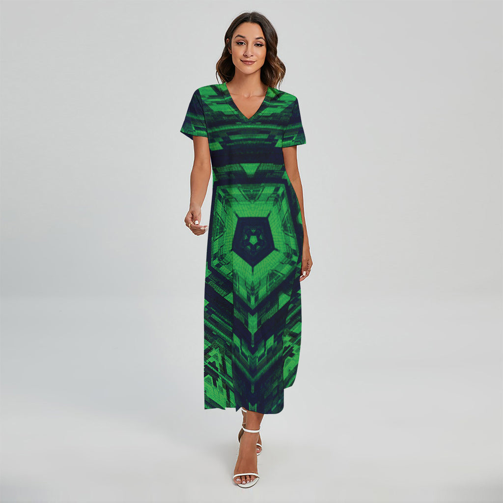 Dark Green Kaleidoscope Print Short Sleeve Maxi Dress
