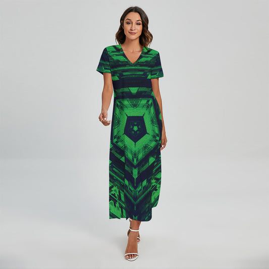 Dark Green Kaleidoscope Print Short Sleeve Maxi Dress