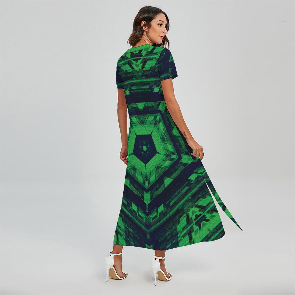 Dark Green Kaleidoscope Print Short Sleeve Maxi Dress