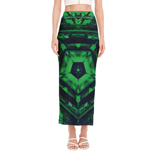 Dark Green Kaleidoscope Print Side Slit Maxi Skirt
