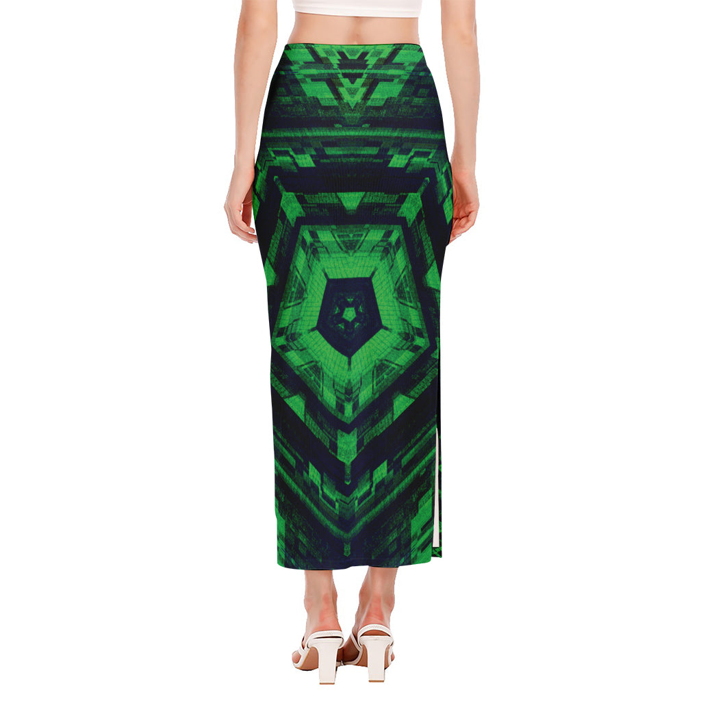 Dark Green Kaleidoscope Print Side Slit Maxi Skirt