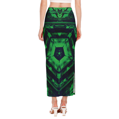 Dark Green Kaleidoscope Print Side Slit Maxi Skirt