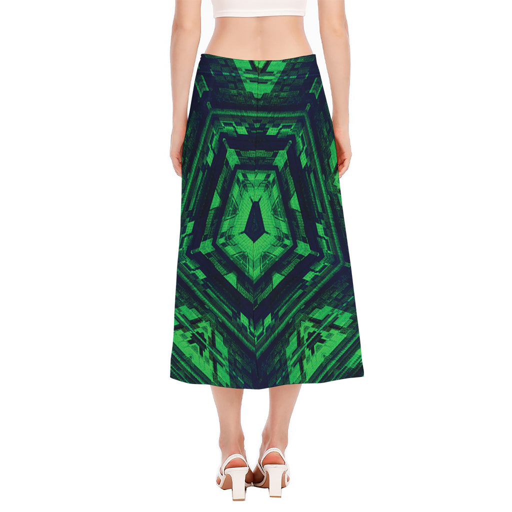 Dark Green Kaleidoscope Print Side Slit Midi Skirt