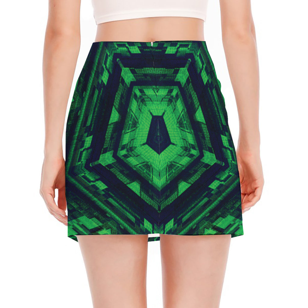 Dark Green Kaleidoscope Print Side Slit Mini Skirt