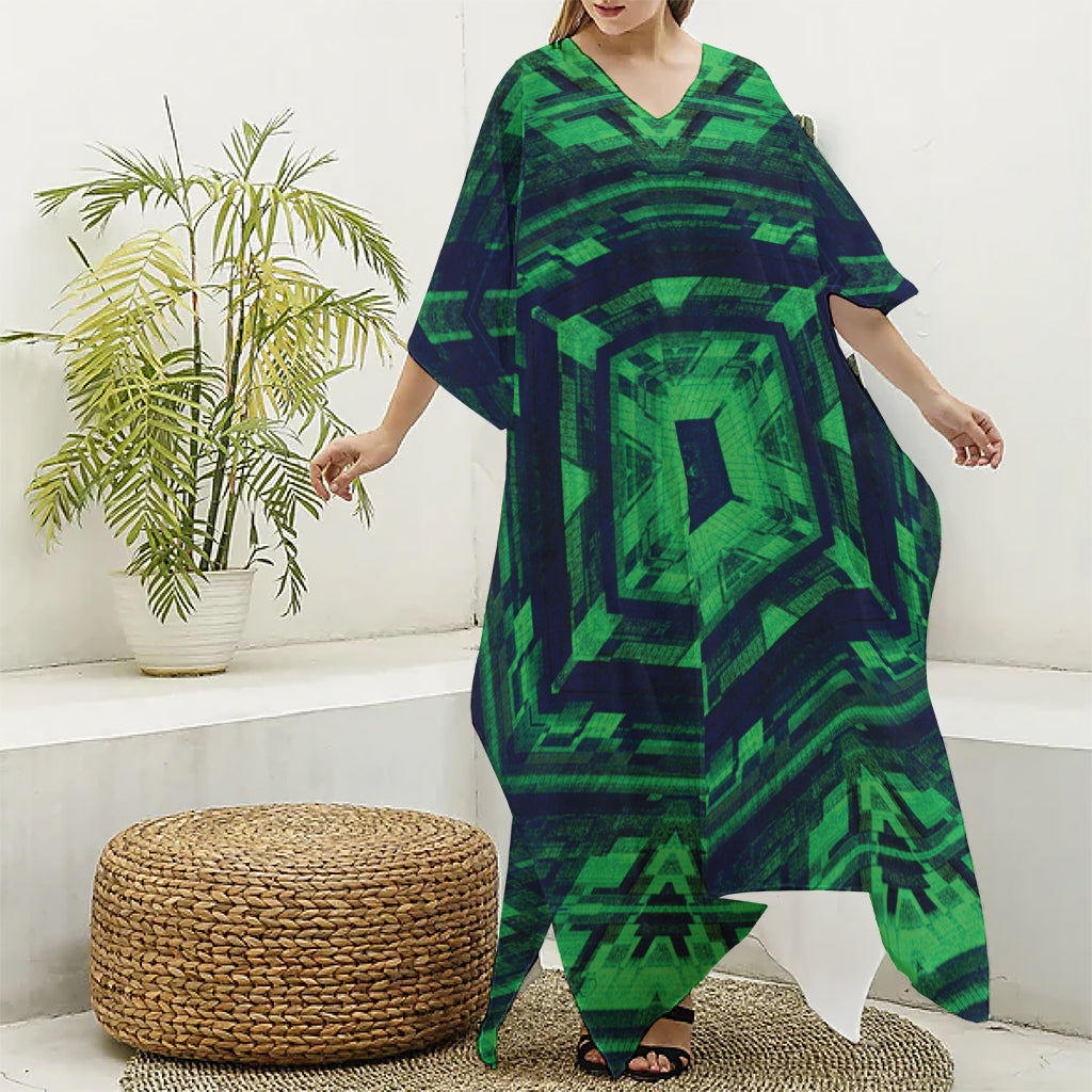Dark Green Kaleidoscope Print Silk V-Neck Kaftan Dress