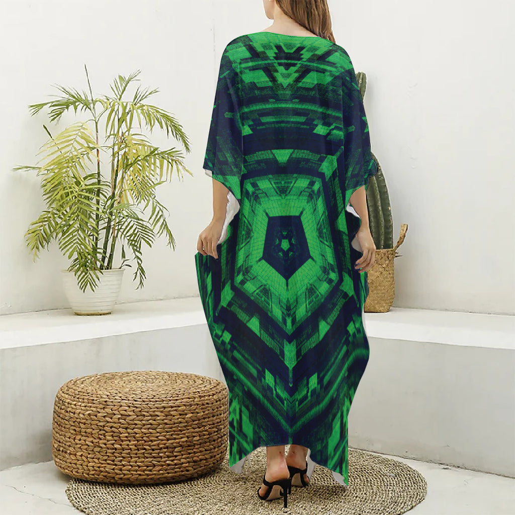 Dark Green Kaleidoscope Print Silk V-Neck Kaftan Dress