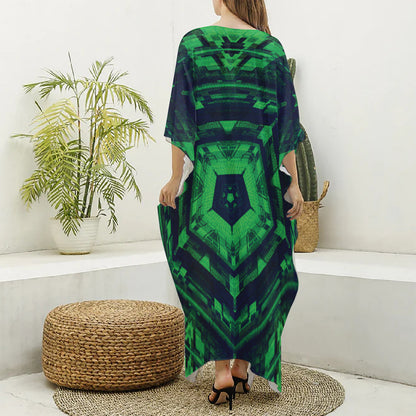 Dark Green Kaleidoscope Print Silk V-Neck Kaftan Dress