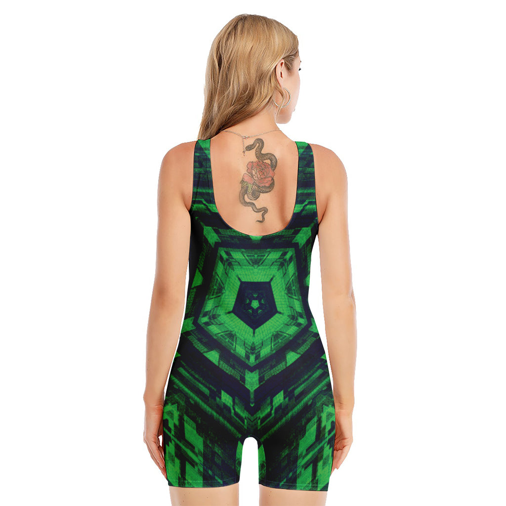Dark Green Kaleidoscope Print Sleeveless One Piece Swimsuit