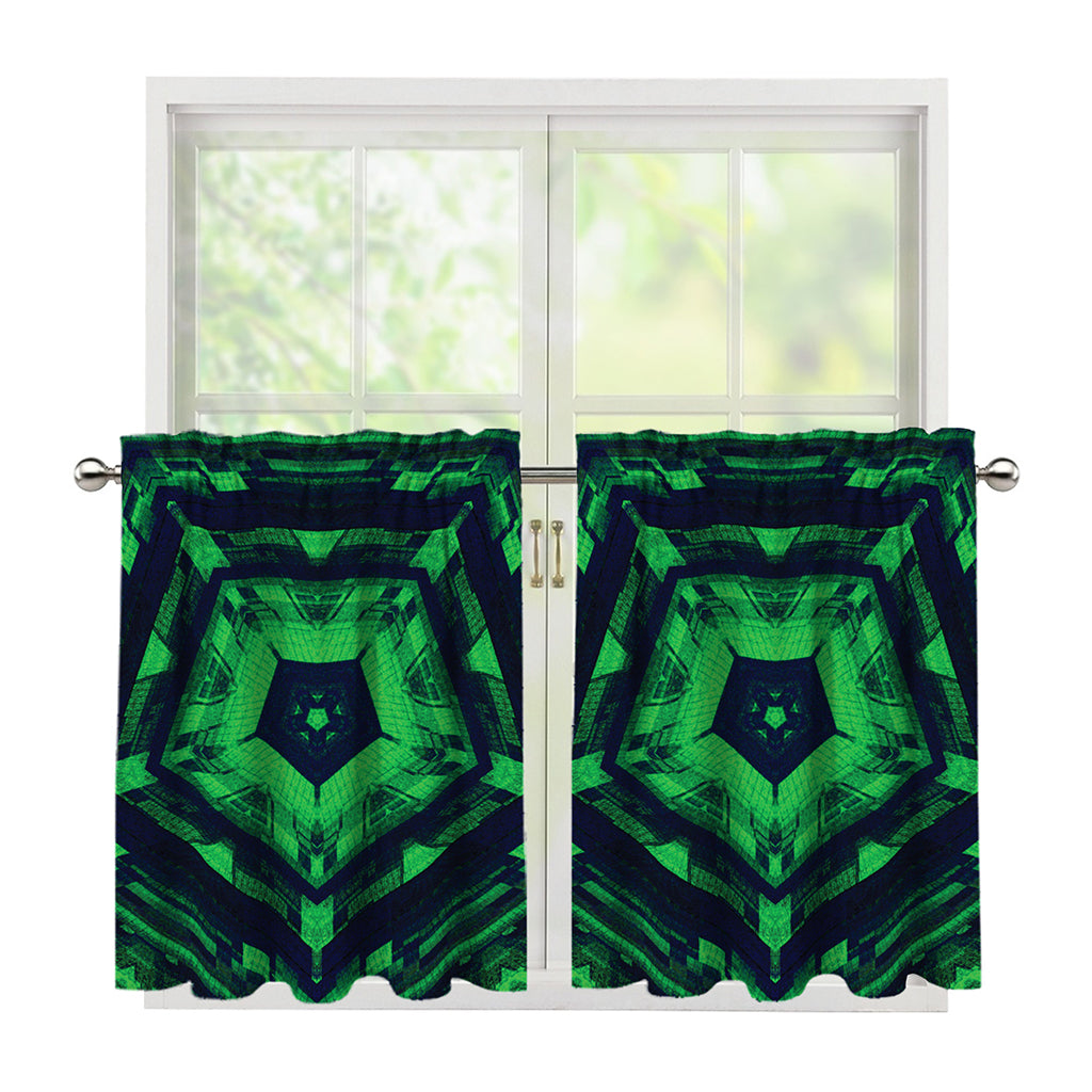 Dark Green Kaleidoscope Print Tier Curtains