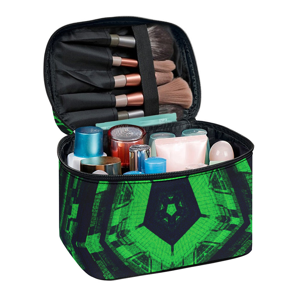 Dark Green Kaleidoscope Print Travel Makeup Bag