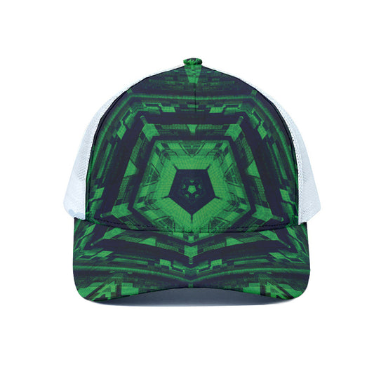 Dark Green Kaleidoscope Print White Mesh Trucker Cap