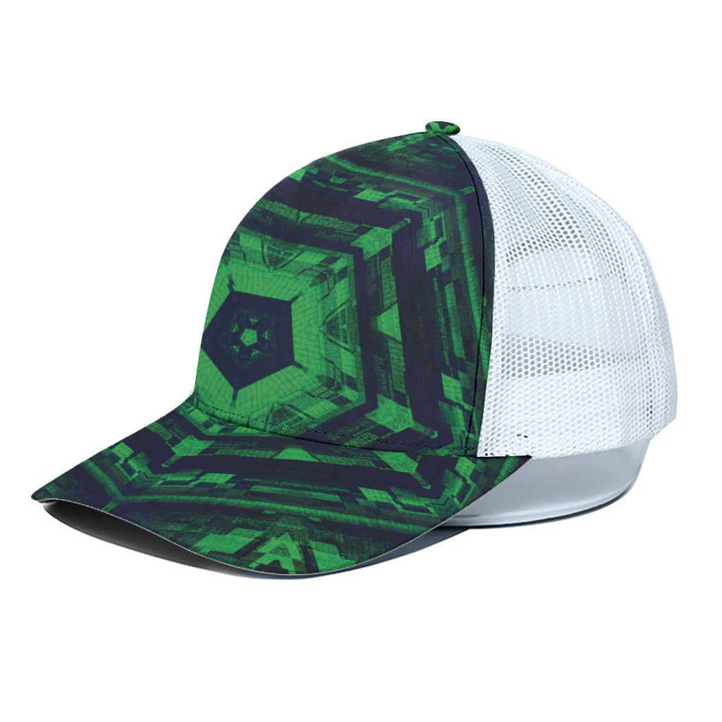 Dark Green Kaleidoscope Print White Mesh Trucker Cap