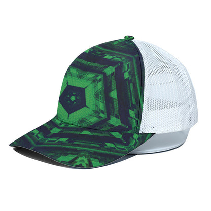 Dark Green Kaleidoscope Print White Mesh Trucker Cap