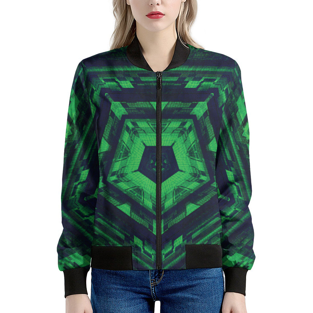 Dark Green Kaleidoscope Print Women's Bomber Jacket