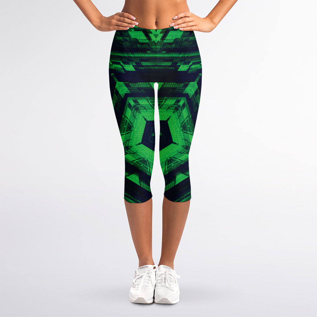 Dark Green Kaleidoscope Print Women's Capri Leggings
