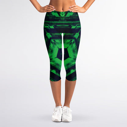 Dark Green Kaleidoscope Print Women's Capri Leggings
