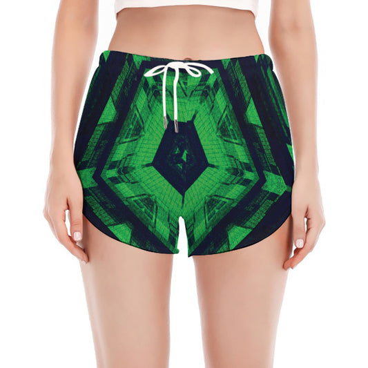 Dark Green Kaleidoscope Print Women's Split Running Shorts
