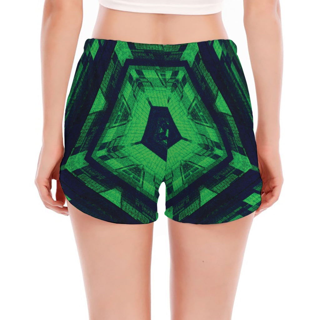 Dark Green Kaleidoscope Print Women's Split Running Shorts