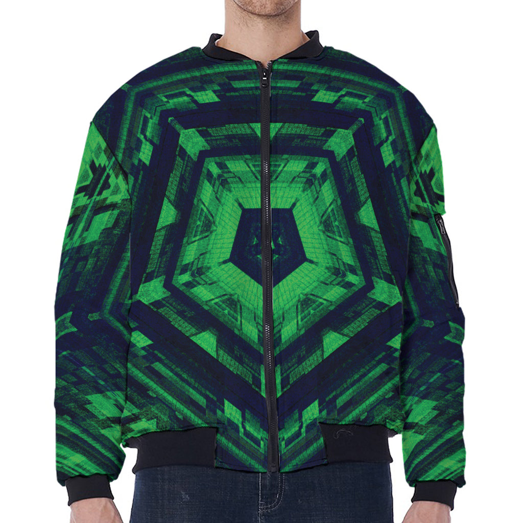 Dark Green Kaleidoscope Print Zip Sleeve Bomber Jacket