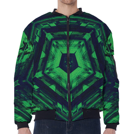 Dark Green Kaleidoscope Print Zip Sleeve Bomber Jacket