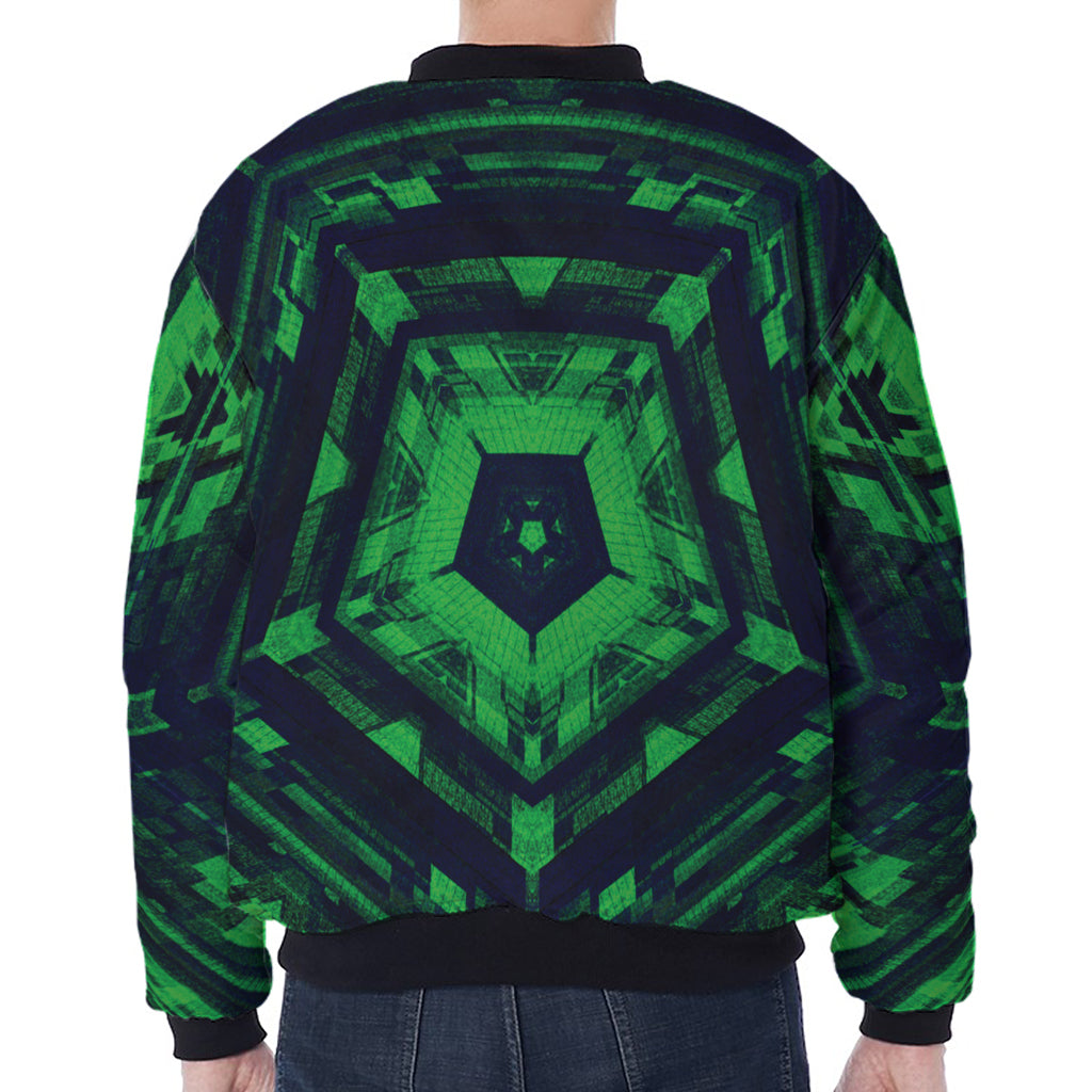 Dark Green Kaleidoscope Print Zip Sleeve Bomber Jacket