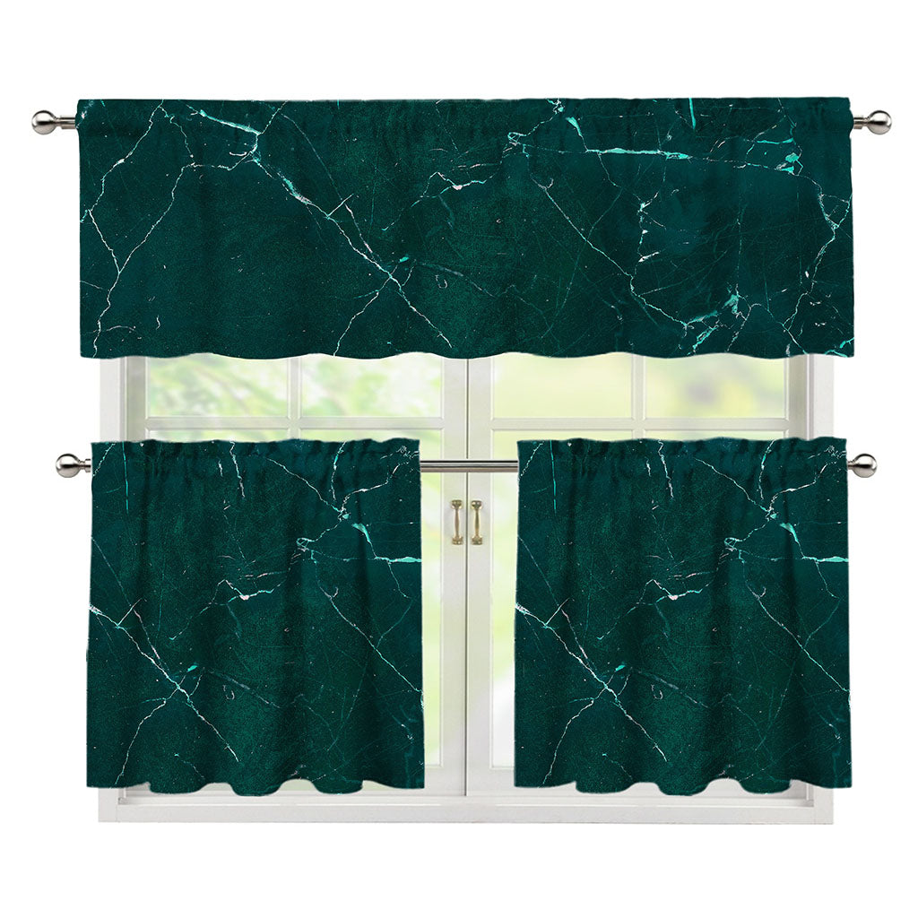 Dark Green Marble Print 3 Piece Kitchen Curtains