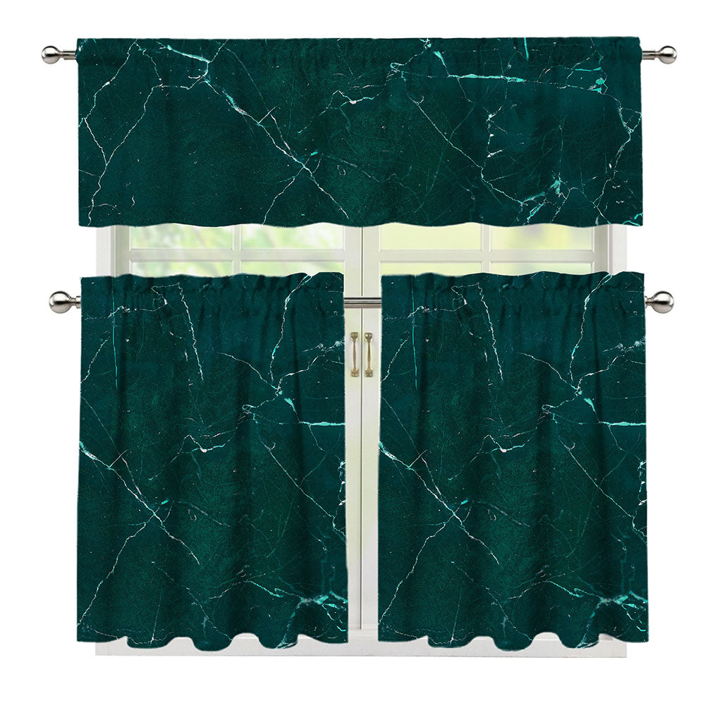 Dark Green Marble Print 3 Piece Kitchen Curtains