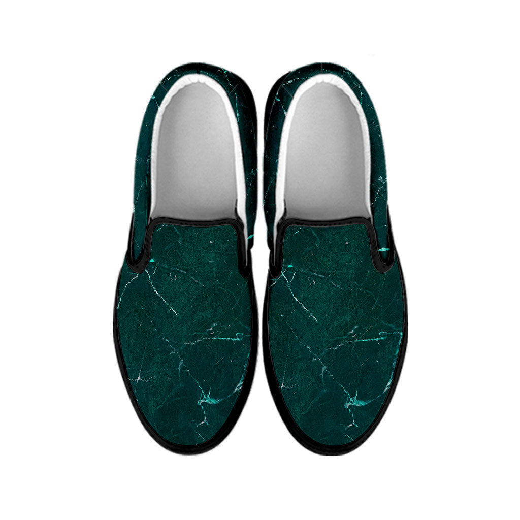 Dark Green Marble Print Black Slip On Sneakers