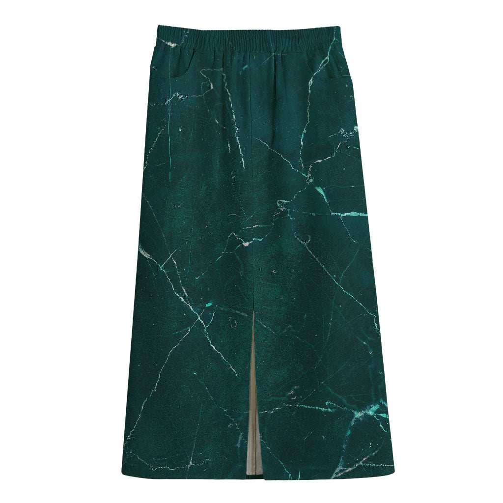 Dark Green Marble Print Cotton Front Slit Maxi Skirt