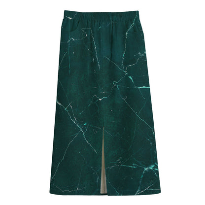 Dark Green Marble Print Cotton Front Slit Maxi Skirt