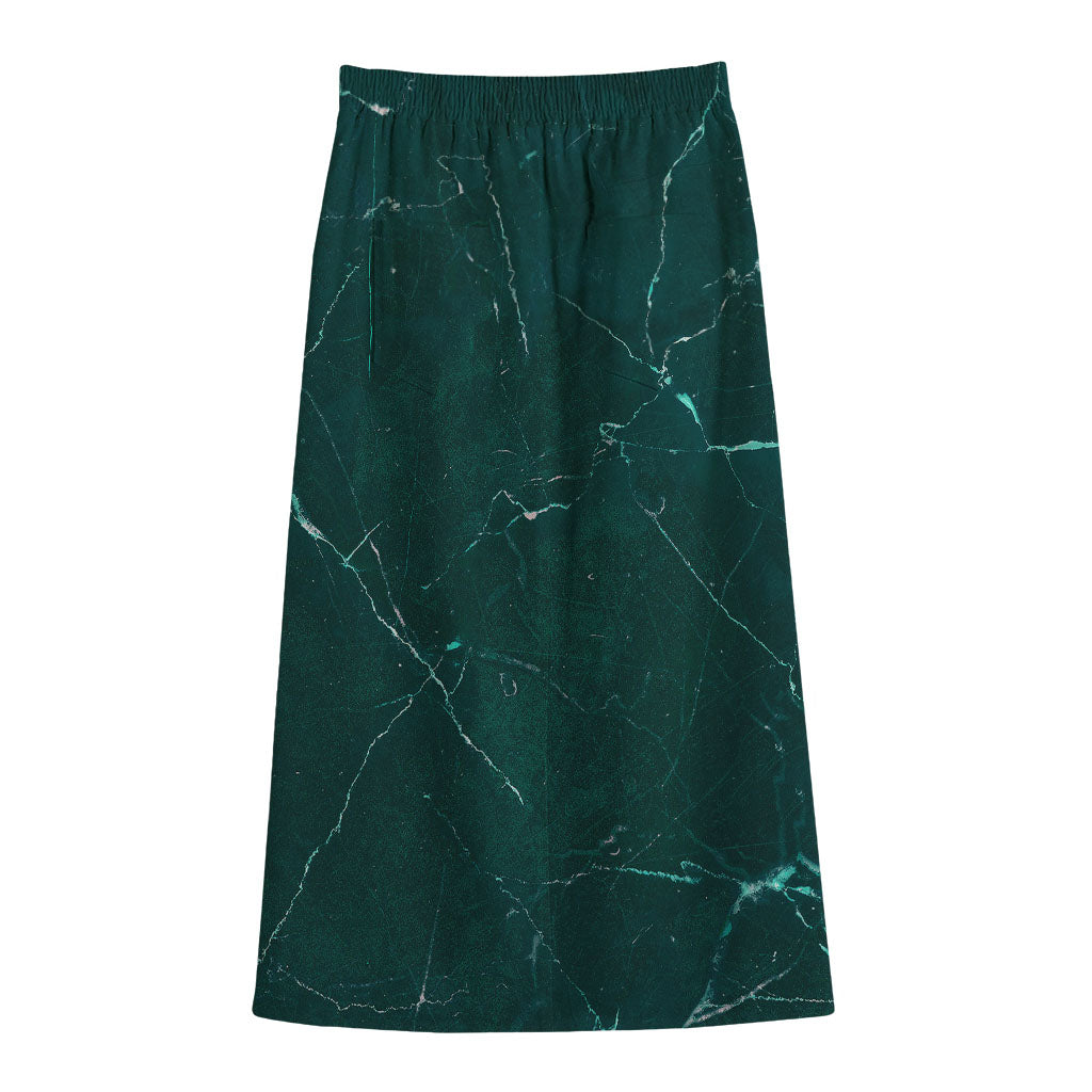Dark Green Marble Print Cotton Front Slit Maxi Skirt