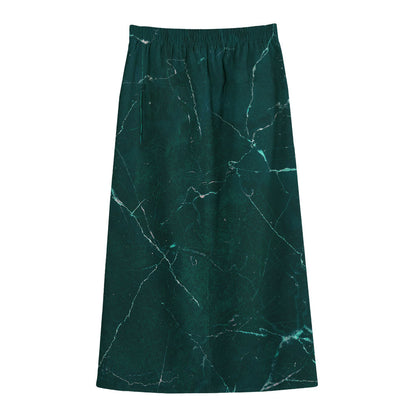 Dark Green Marble Print Cotton Front Slit Maxi Skirt