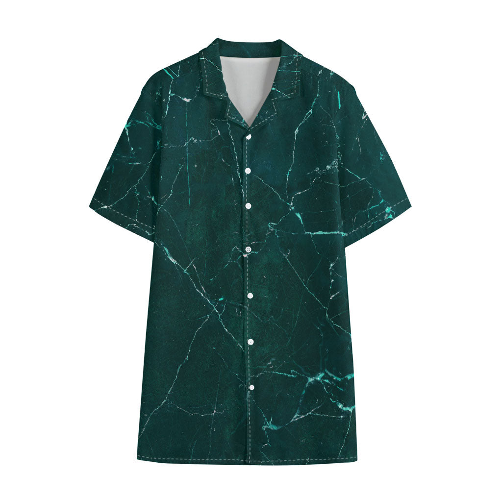 Dark Green Marble Print Cotton Hawaiian Shirt