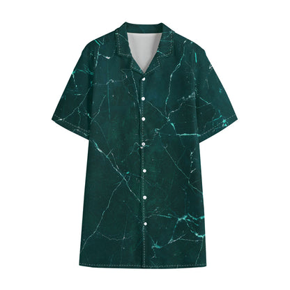 Dark Green Marble Print Cotton Hawaiian Shirt