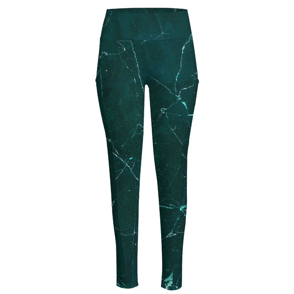 Dark Green Marble Print High-Waisted Pocket Leggings