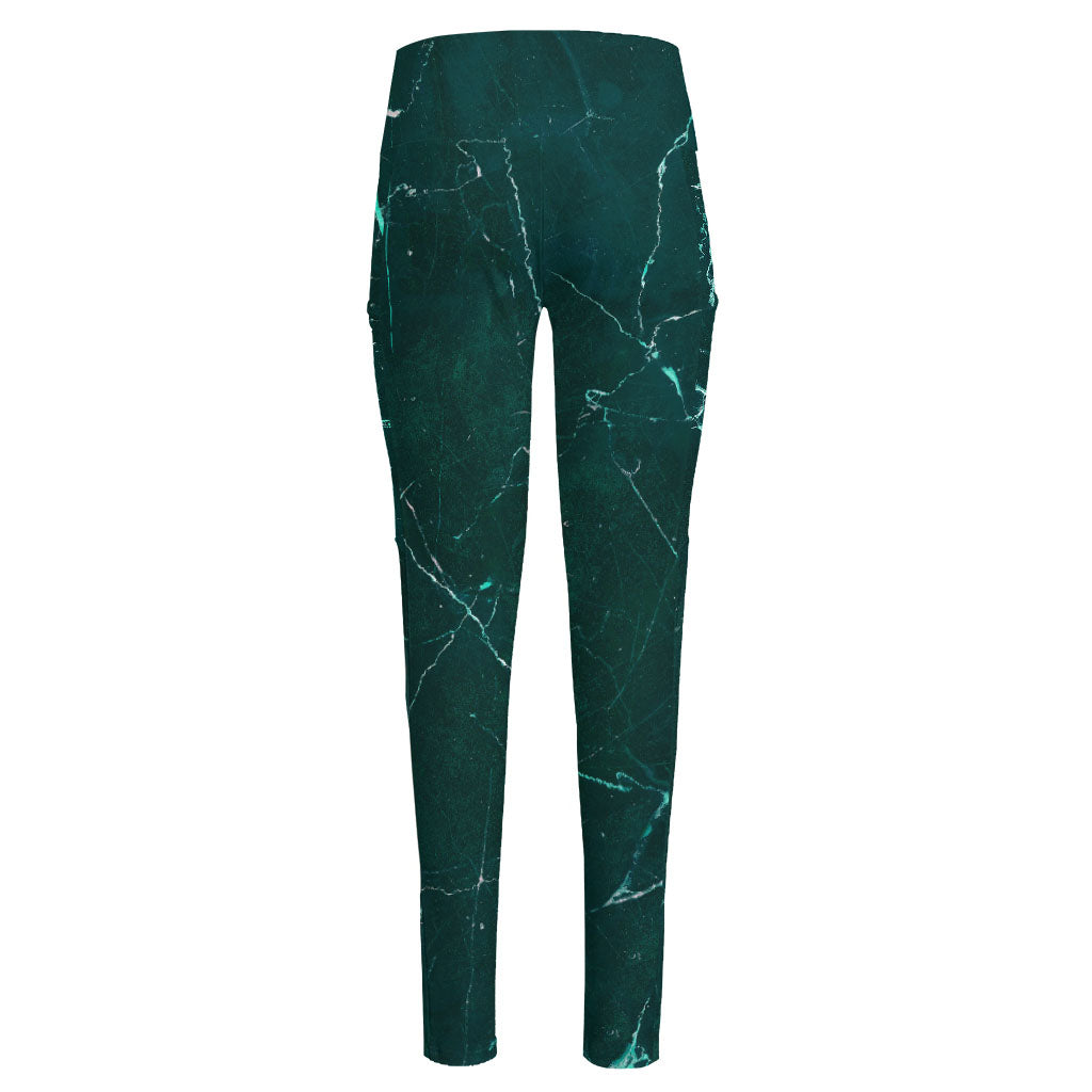 Dark Green Marble Print High-Waisted Pocket Leggings
