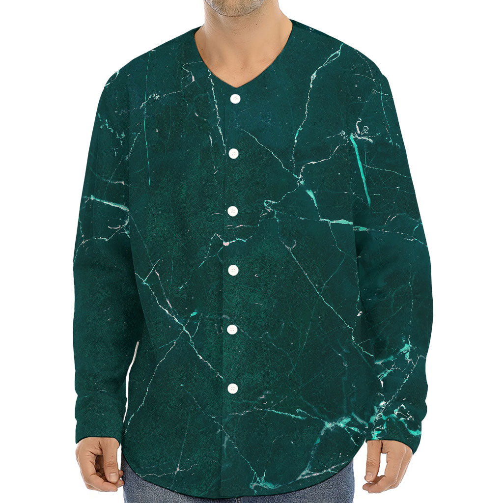 Dark Green Marble Print Long Sleeve Baseball Jersey